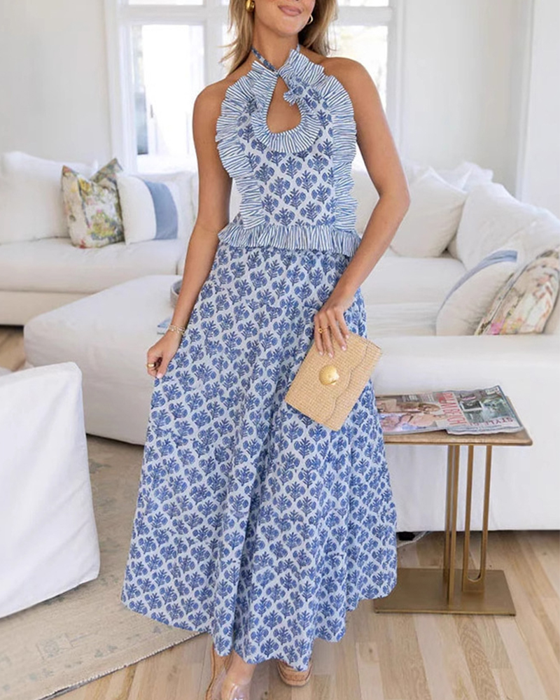 Shesways® Tatum Printed Ruffle Halter Top & Flowy Maxi Skirt Set
