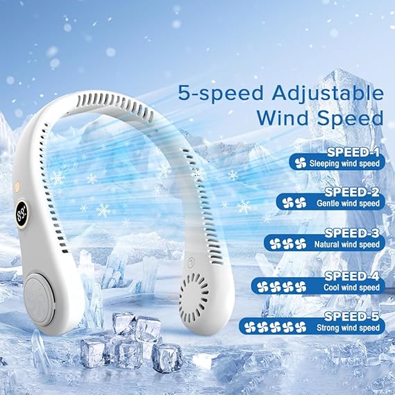 Neck Fan, Bladeless Personal Fan Cooling with 360°Airflow, Rechargeable Cooling Fan, 5 Speeds Adjustable With Digital Diaplay, Wearable Neck Fan for Home, Office, Travel and Sports