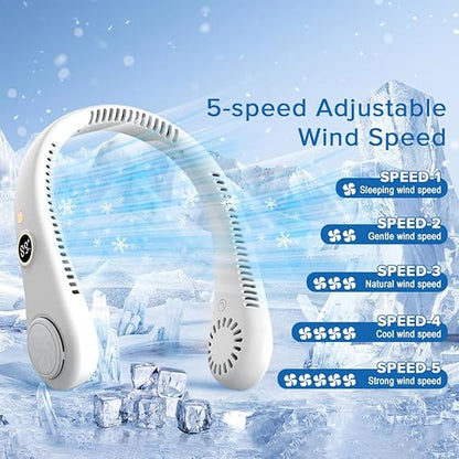Neck Fan, Bladeless Personal Fan Cooling with 360°Airflow, Rechargeable Cooling Fan, 5 Speeds Adjustable With Digital Diaplay, Wearable Neck Fan for Home, Office, Travel and Sports